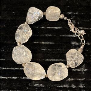 Beautiful Crackle Art Glass Beaded Bracelet Sterling Silver .925 Clasp 8” Signed